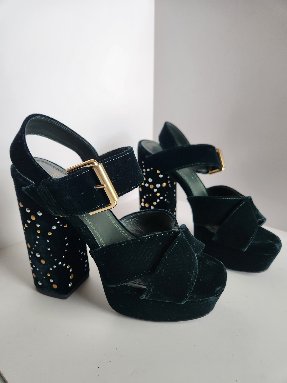 Maje Falby Studded High-heeled Chunky Platform Sandals Dark Green Velvet Size 7